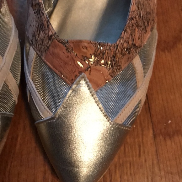 Silver unique wedges with tan, cork, and mesh accents - Picture 2 of 6